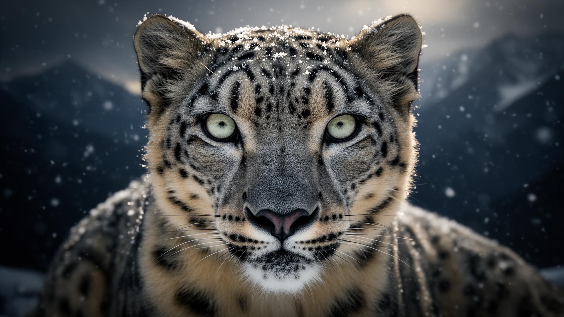 Endangered snow leopard staring directly into the camera
